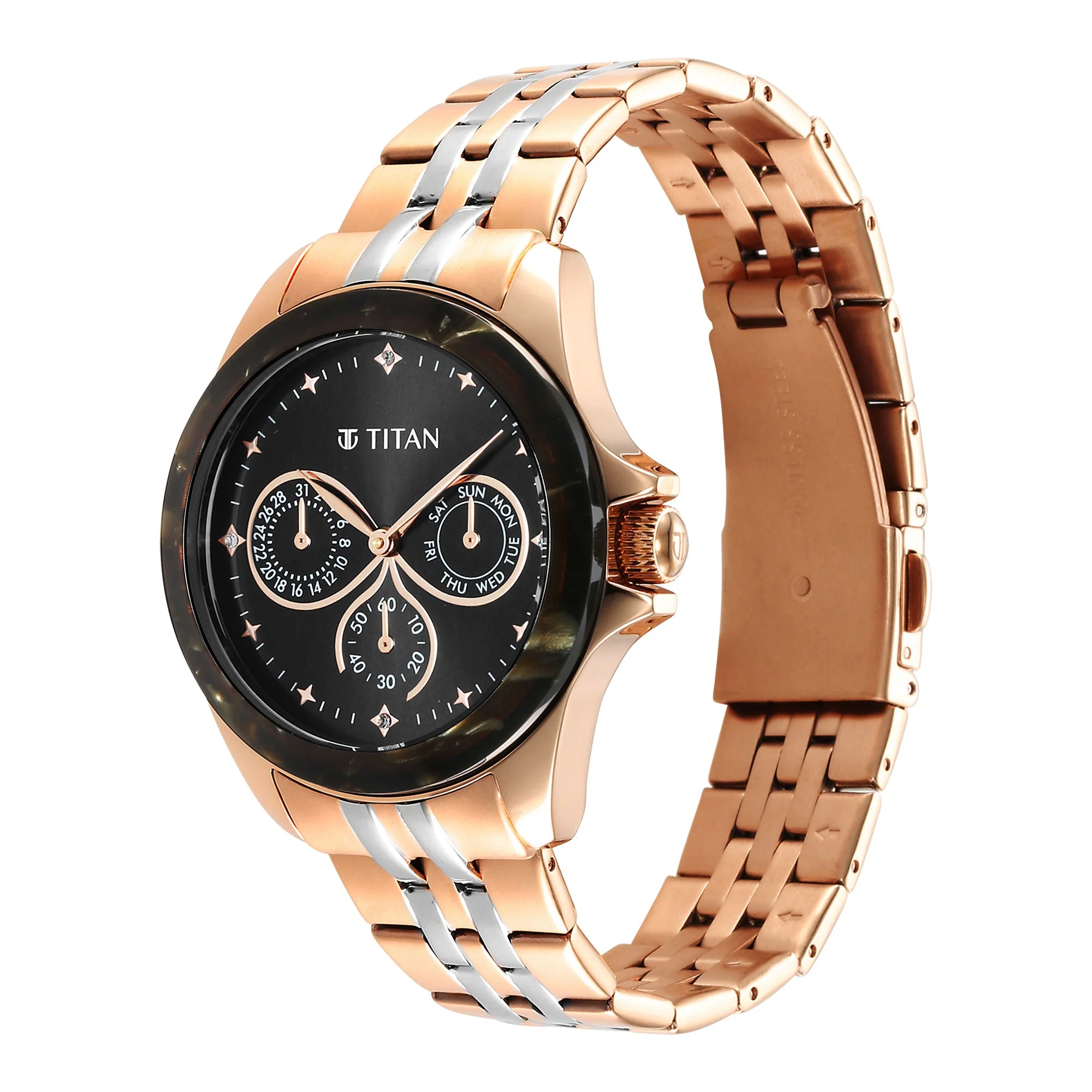 Titan Acetate Black Dial Analog with Day and Date Stainless Steel Strap Watch for Women - Image 3
