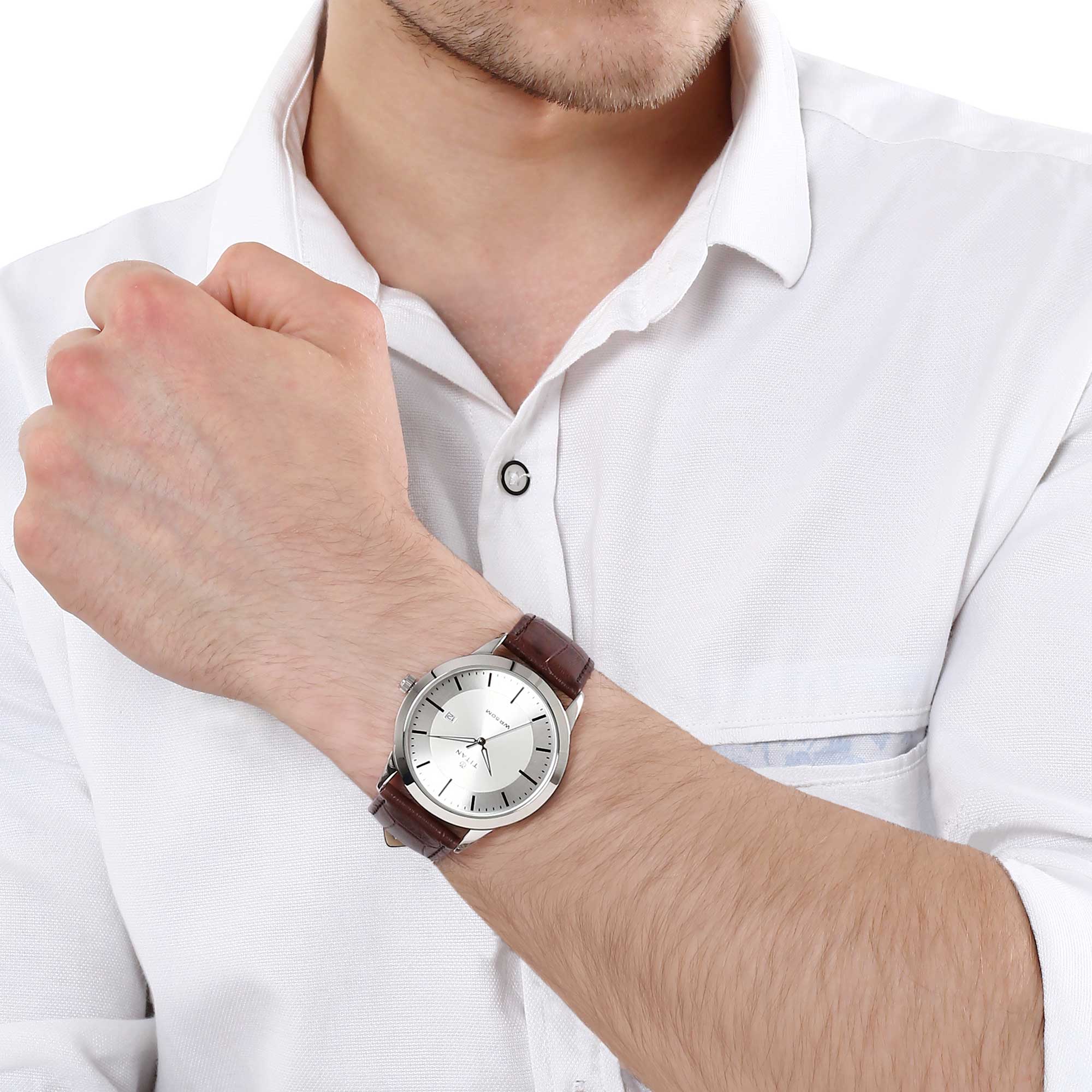 Titan Classique Silver Dial Analog with Date Leather Strap watch for Men - Image 6