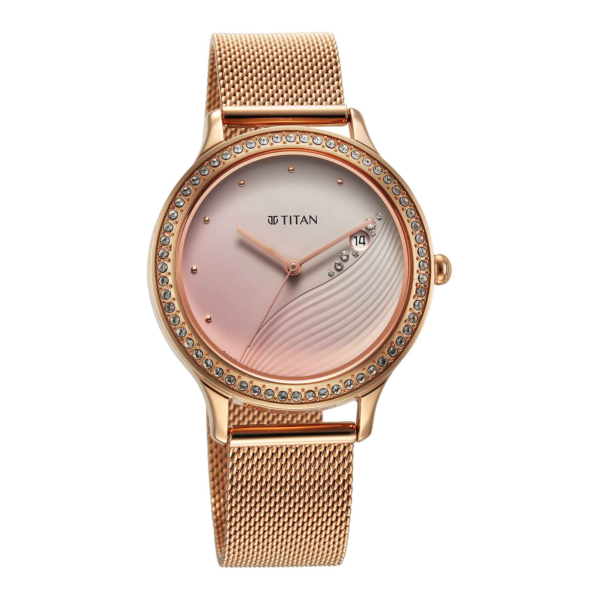 Titan Purple Glam It Up Pink Dial Analog with Date Stainless Steel Strap Watch for Women - Image 3