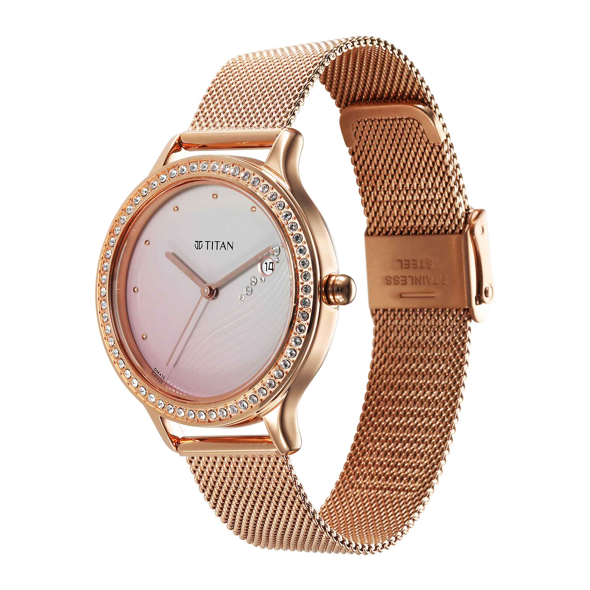 Titan Purple Glam It Up Pink Dial Analog with Date Stainless Steel Strap Watch for Women - Image 4