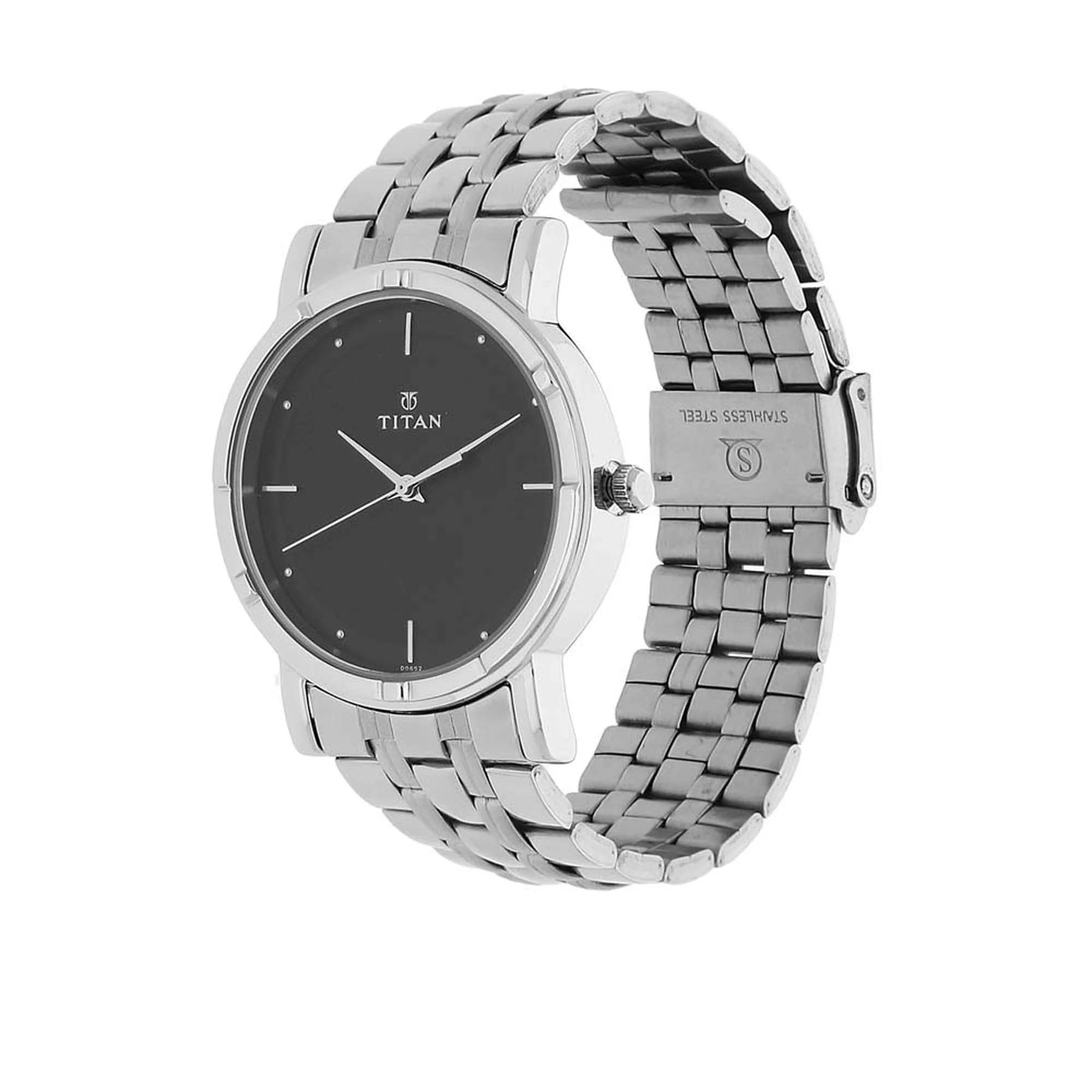 Titan Quartz Analog Black Dial Stainless Steel Strap Watch for Men - Image 2