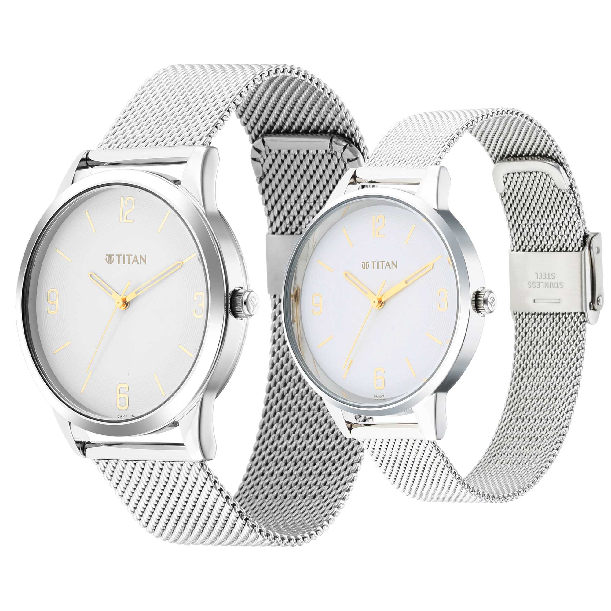 Titan Quartz Analog White Dial Stainless Steel Strap Watch for Couple - Image 4