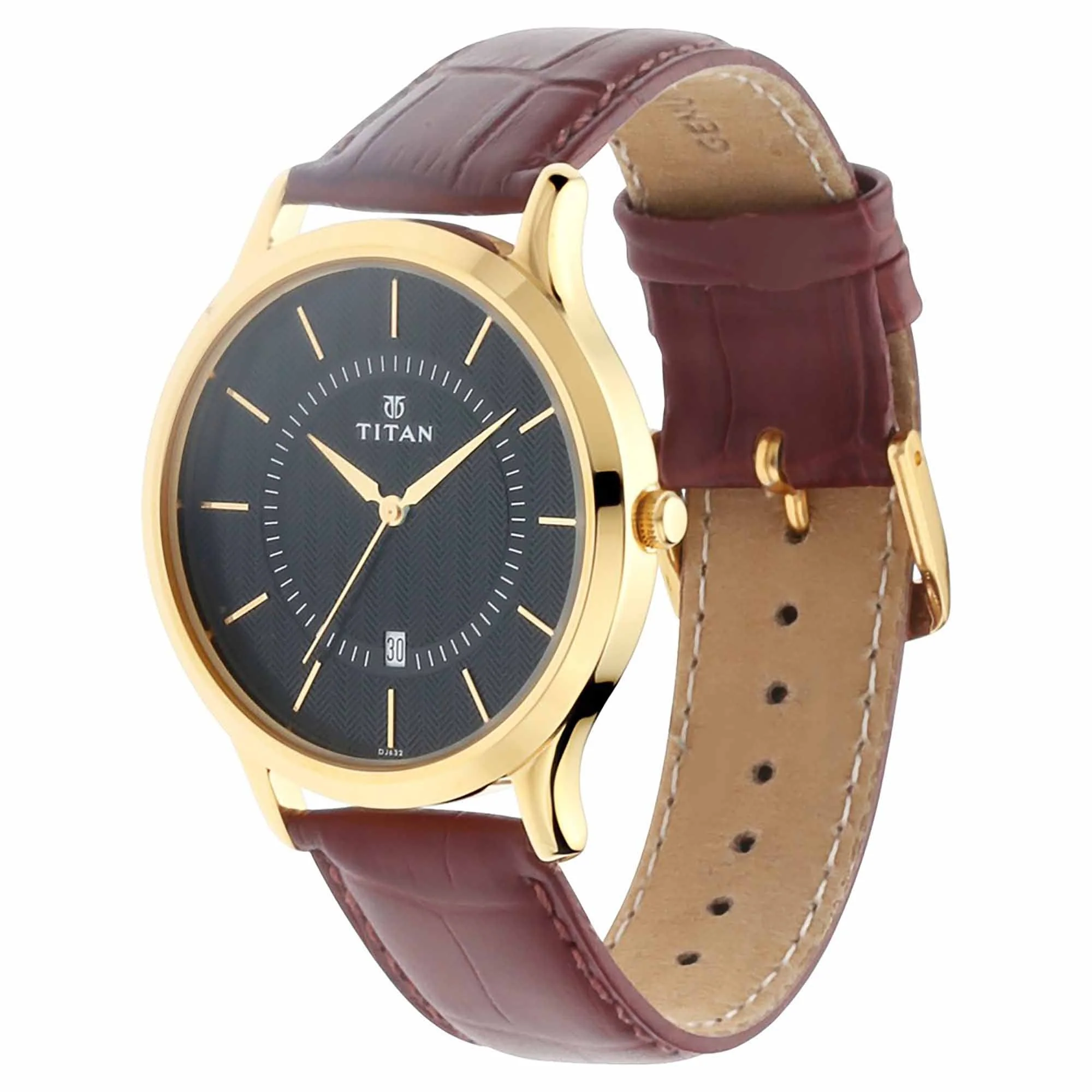 Titan Quartz Analog with Date Black Dial Leather Strap Watch for Men - Image 2