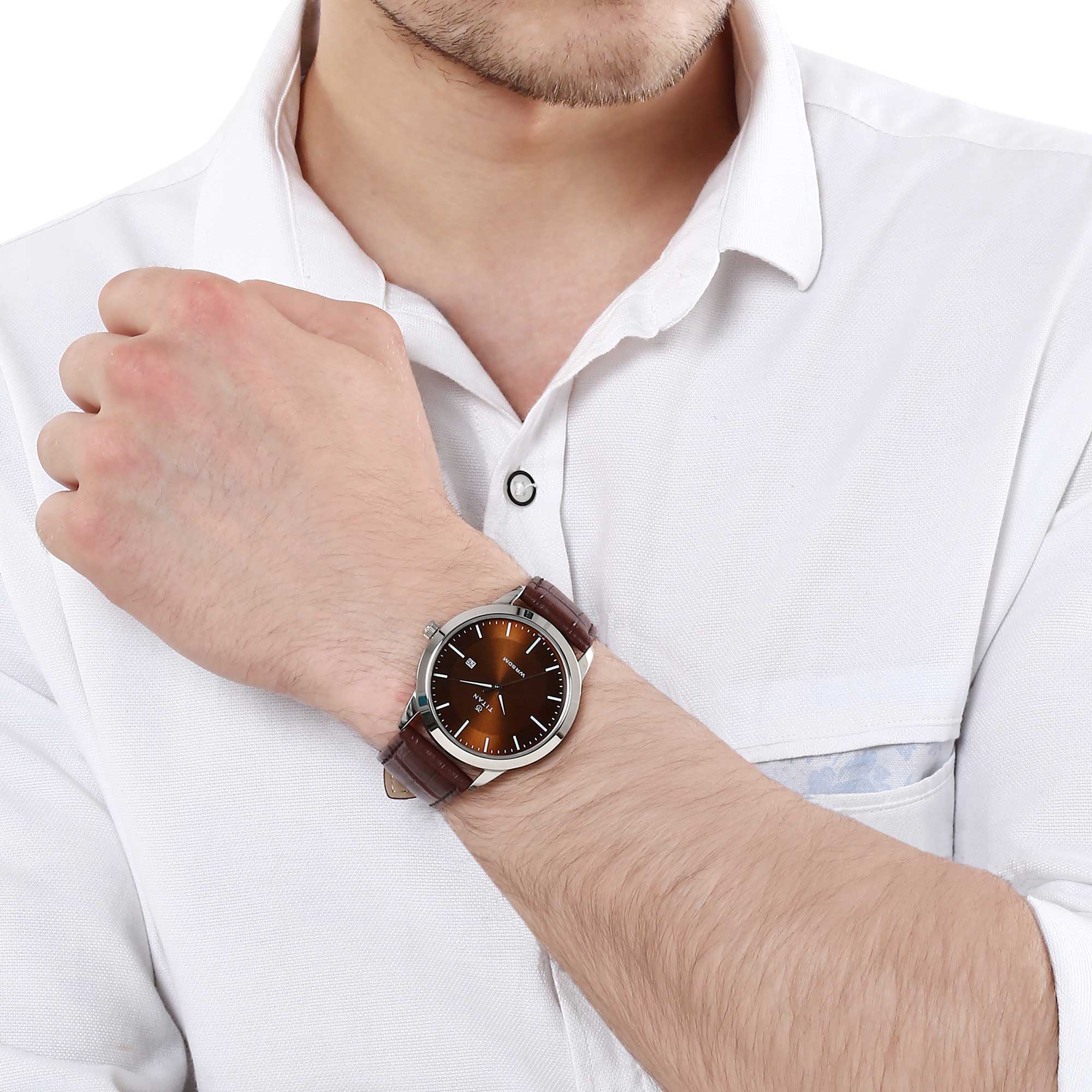 Titan Quartz Analog with Date Brown Dial Leather Strap Watch for Men - Image 7