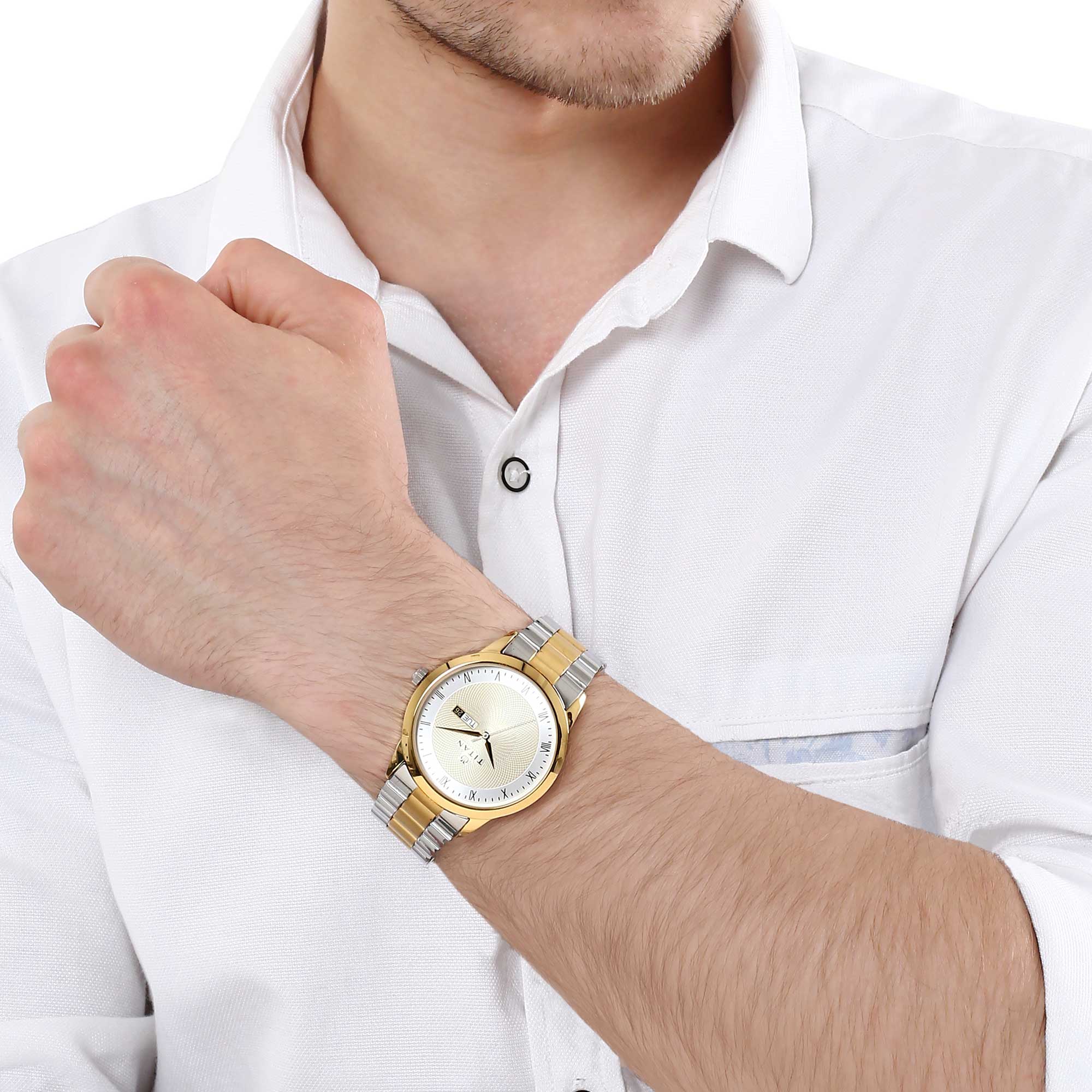 Titan Quartz Analog with Day and Date Champagne Dial Stainless Steel Strap Watch for Men - Image 7