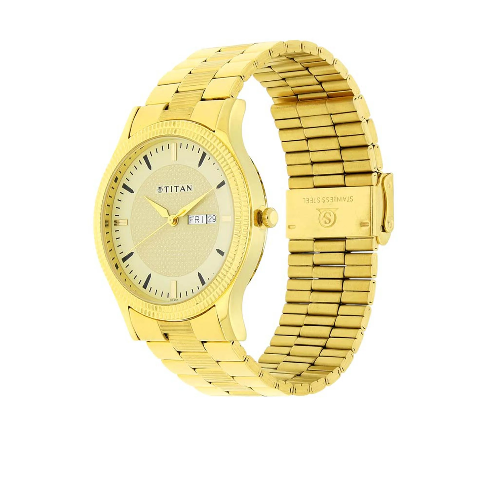 Titan Quartz Analog with Day and Date Champagne Dial Stainless Steel Strap Watch for Men - Image 3
