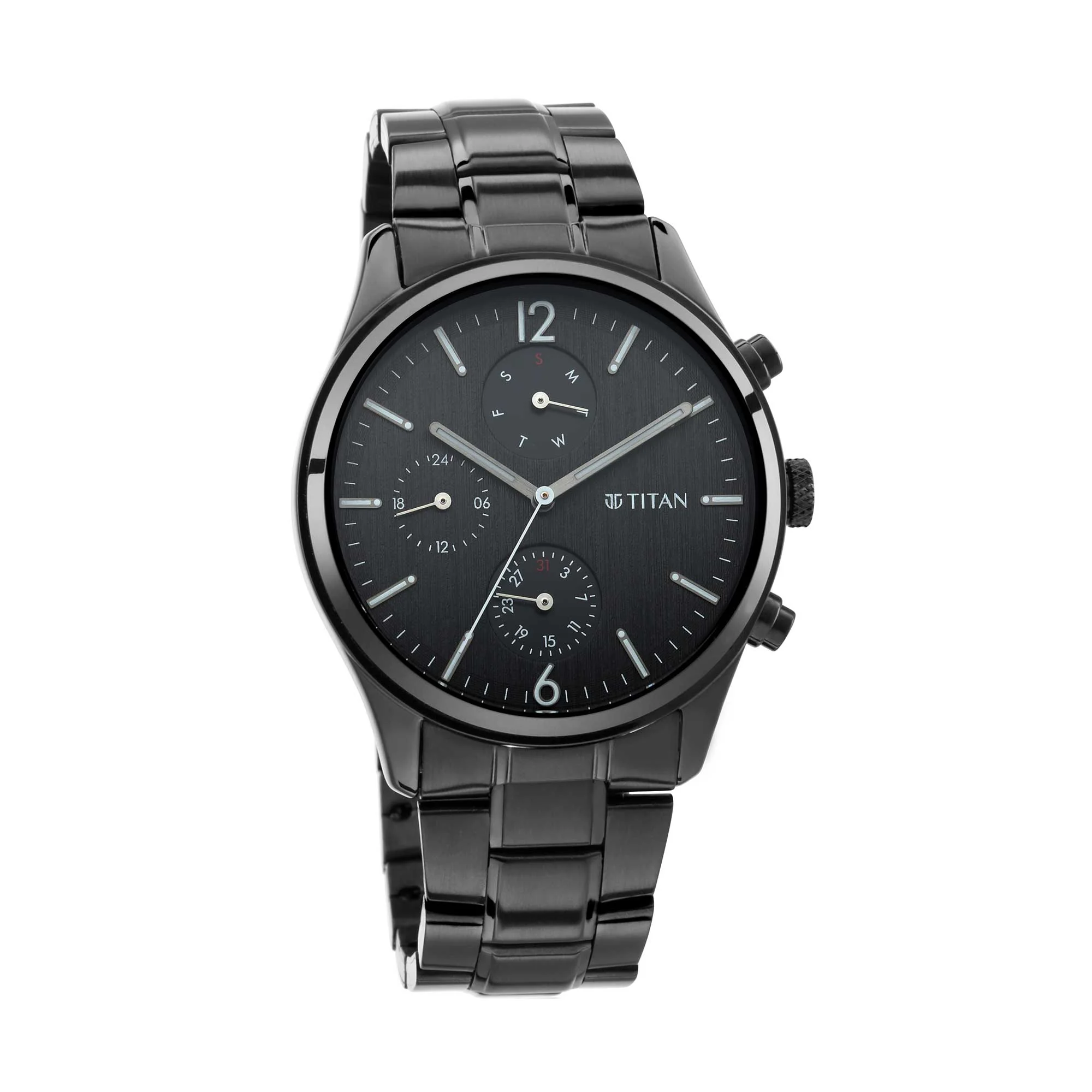 Titan Quartz Multifunction Black Dial Metal Strap Watch for Men - Image 2