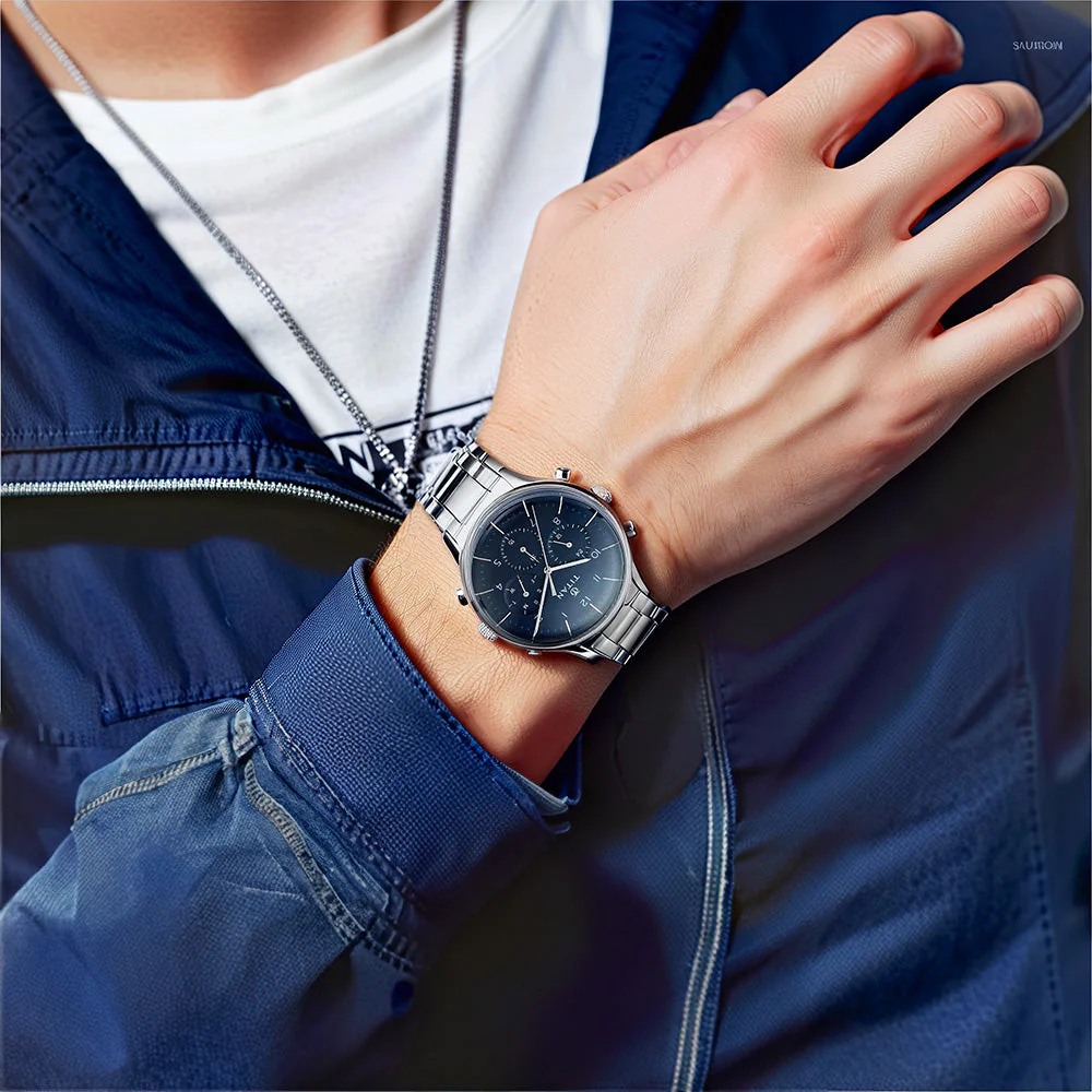 Titan Quartz Multifunction Blue Dial Stainless Steel Strap Watch for Men - Image 3