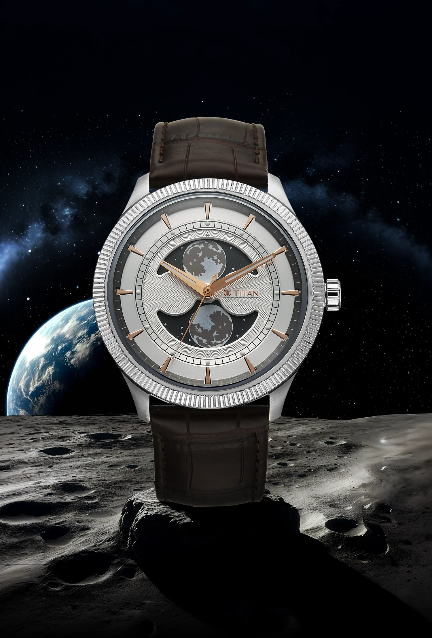 Titan Stellar Analog with Dual Moon Phase Silver Dial Watch - Image 3