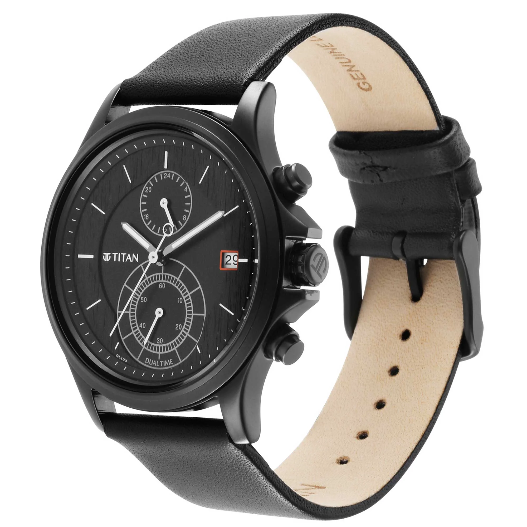 Titan Workwear Black Dial Dual Time Leather Strap watch for Men - Image 2