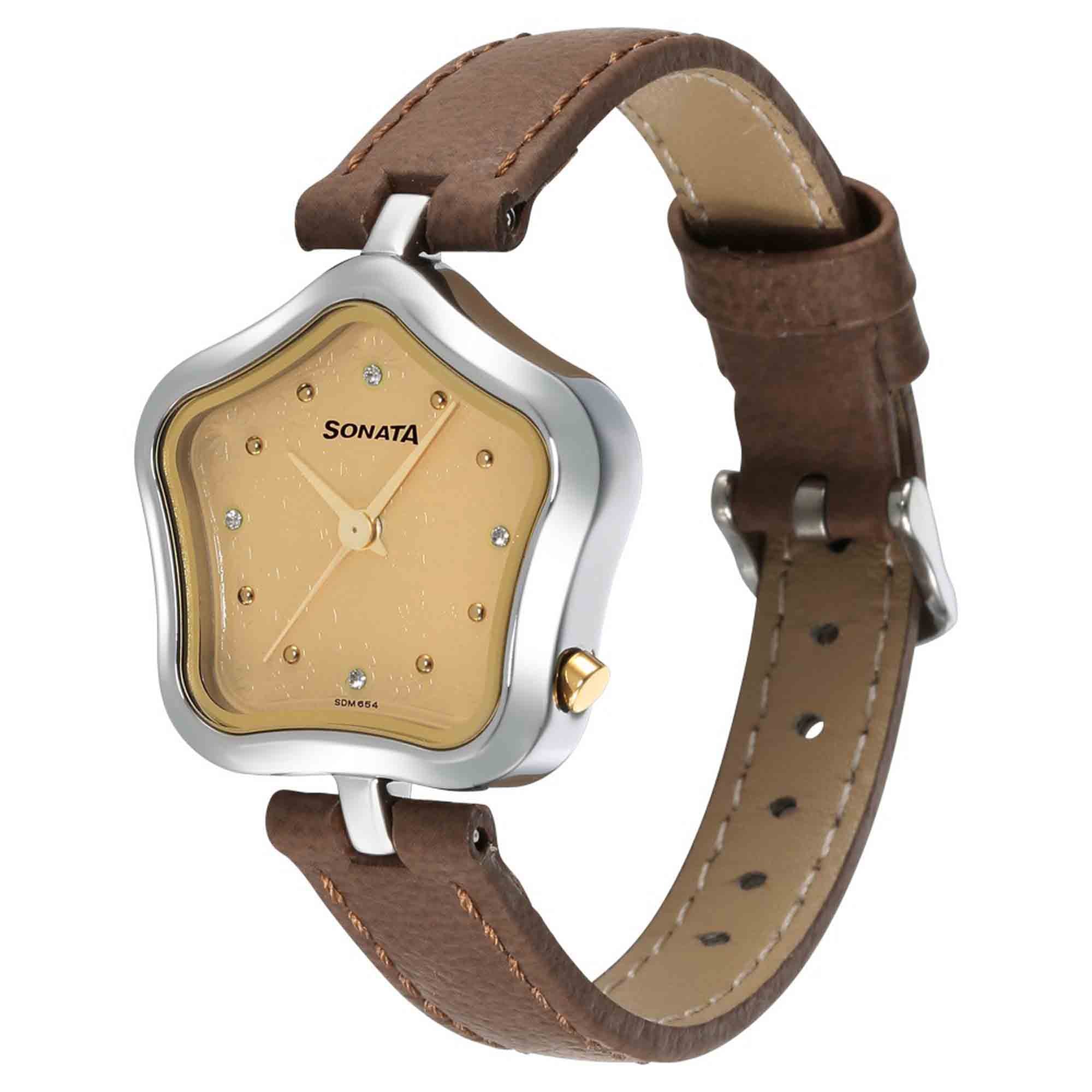 Utsav Beige Dial Beige Leather Strap Watch for Women - Image 2