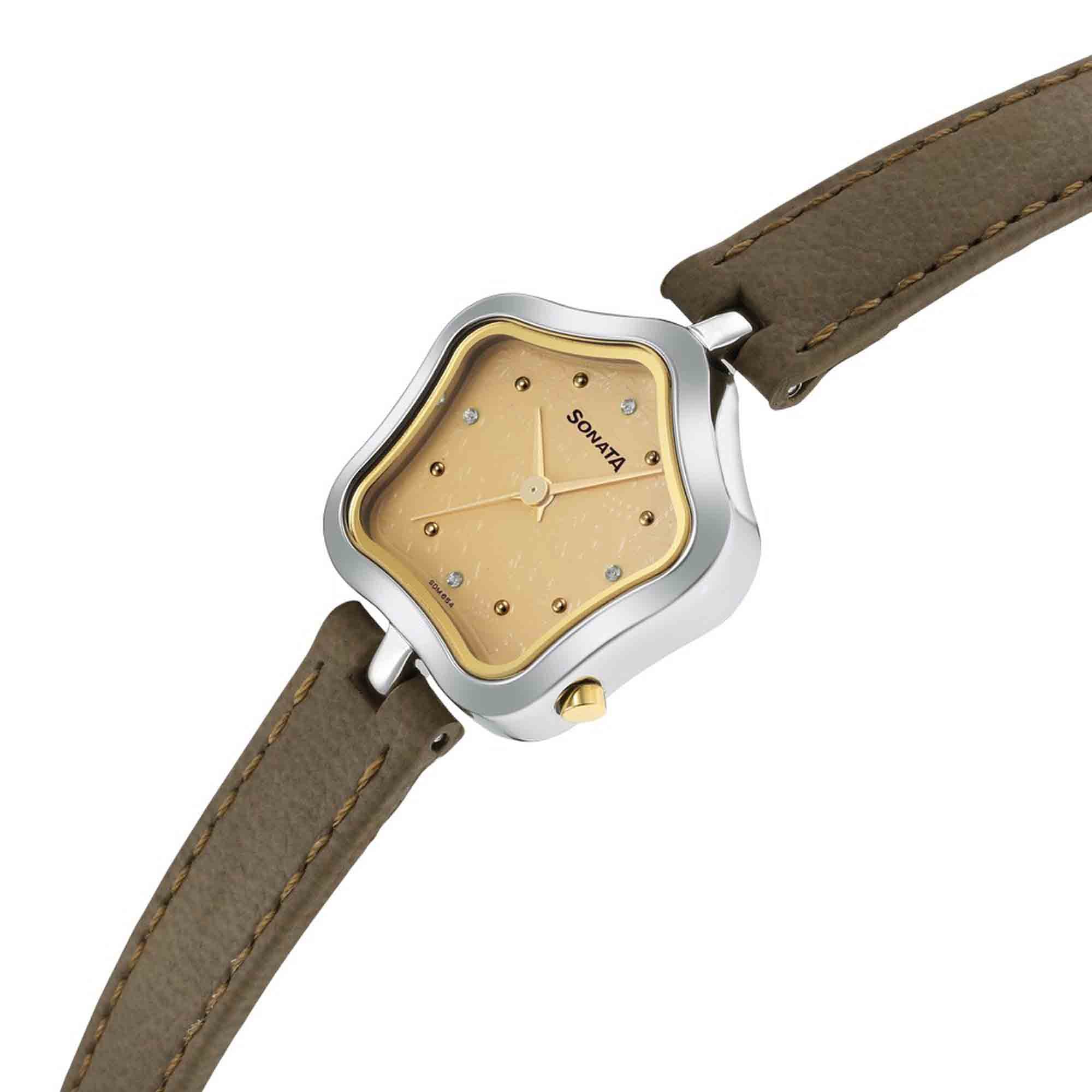 Utsav Beige Dial Beige Leather Strap Watch for Women - Image 3